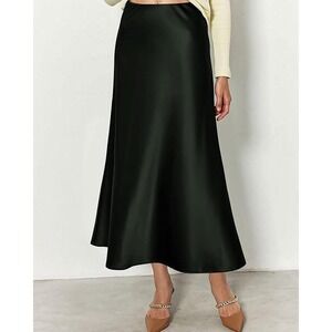 Women's XL Forest Green Satin Maxi Skirt Elastic Waist Minimal Chic Neutralcore